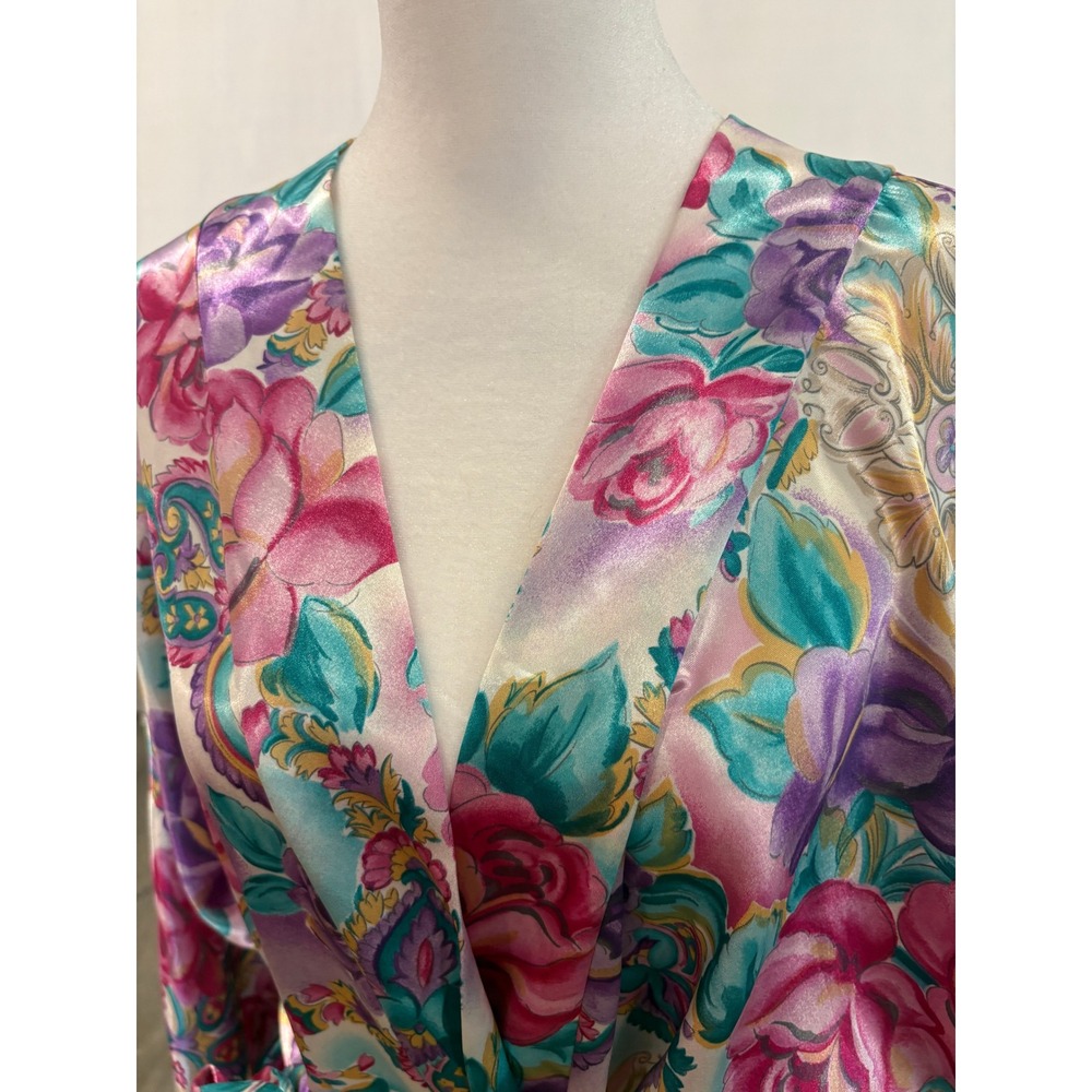 Vintage Adonna Woman Floral Satin Robe Pink Purple Paisley Kimono 2X USA - Picture 2 of 16